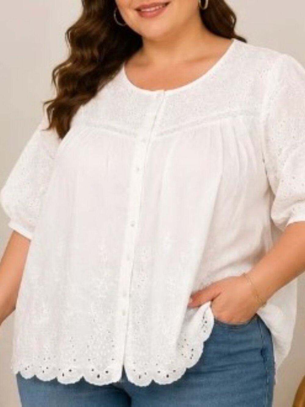 White Cotton Eyelet Embroidered Eyelet Blouse Button Front Boho Peasant Top NWT